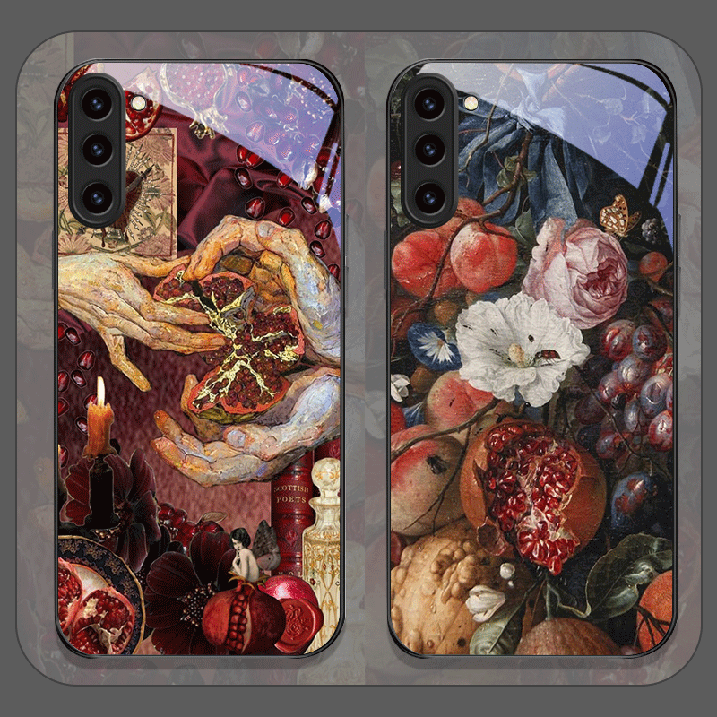 Samsung Galaxy S24 - Luxuriöse Granatapfel-Blumenmuster-Handyhülle aus gehärtetem Glas für